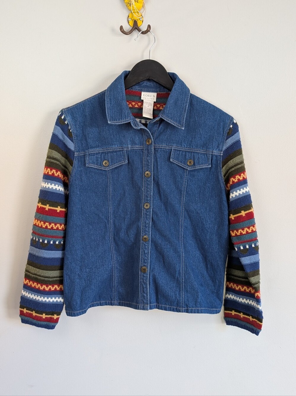Vintage Koret Petites Striped Knit & Denim Cropped Jacket Shirt, Size M